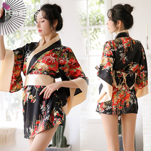 European and American sexy lingerie new uniform temptation deep V printing Japanese kimono sexy suit foreign trade