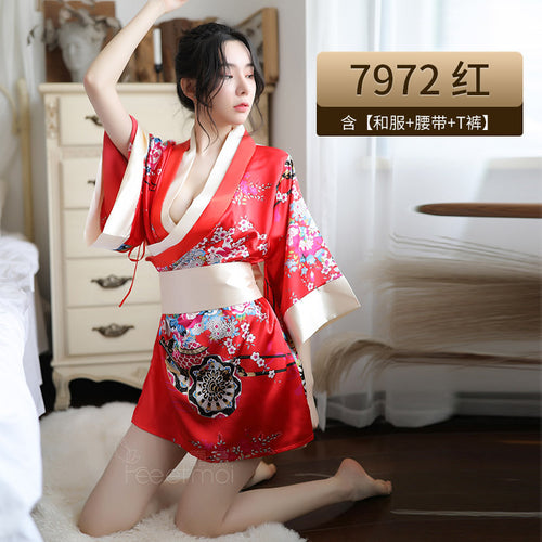European and American sexy lingerie new uniform temptation deep V printing Japanese kimono sexy suit foreign trade