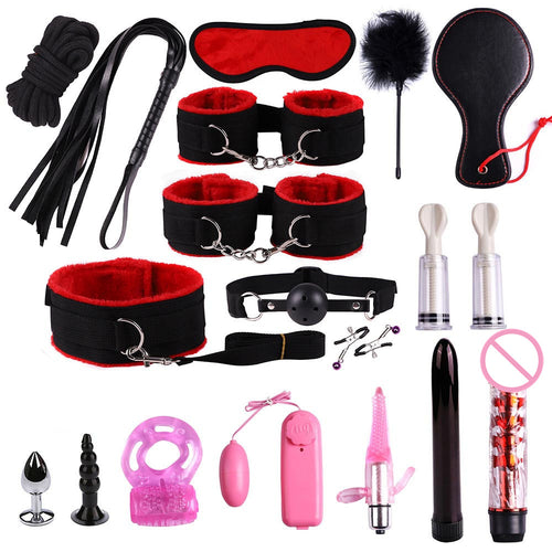 18-piece couples SM kit with G-spot whip, dildo, and anal toys in soft colors

