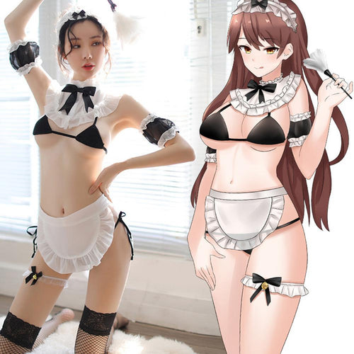 7 Pcs/set Sexy Lingerie Cosplay Erotic Apron Maid Sexy Costume Babydoll Dress Women Lace Miniskirt Outfit Transparent  Nightgown