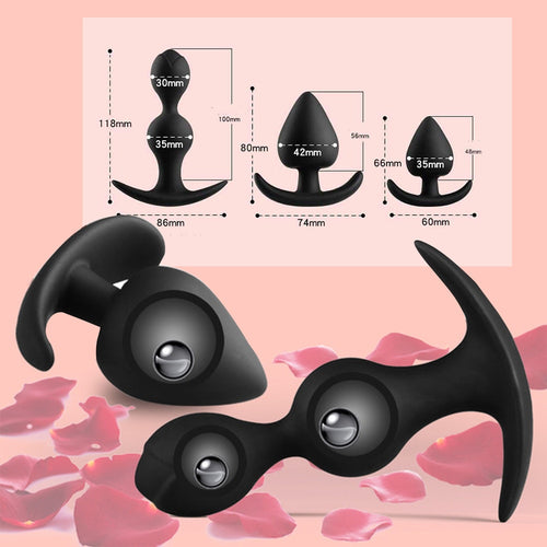 Anal Butt Plug Metal Balls Inside Soft Black Silicone Waterproof Prostate Anal Butt Plug Massager Beads Trainer for Women Men