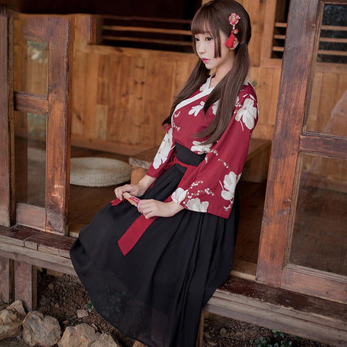 Erotic Underwear Classical Chinese Clothing Cherry Blossoms Printing High Waist Long Skirt Uniform Suit Sexy Temptation Costume