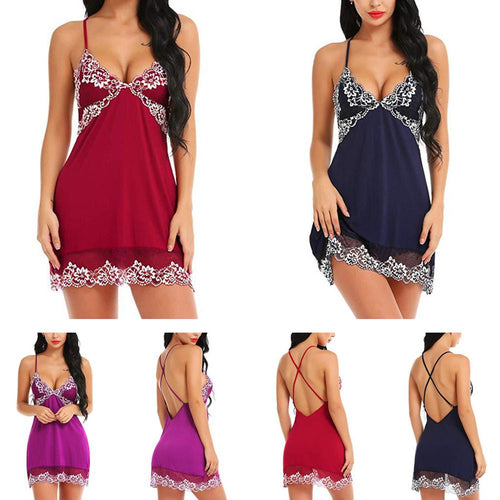 Erotic Woman Transparent Lingerie Sexy Lace Night Dress  Costumes Pajamas Soft Leisure Backless Deep-V Neck Nightgown Babydoll