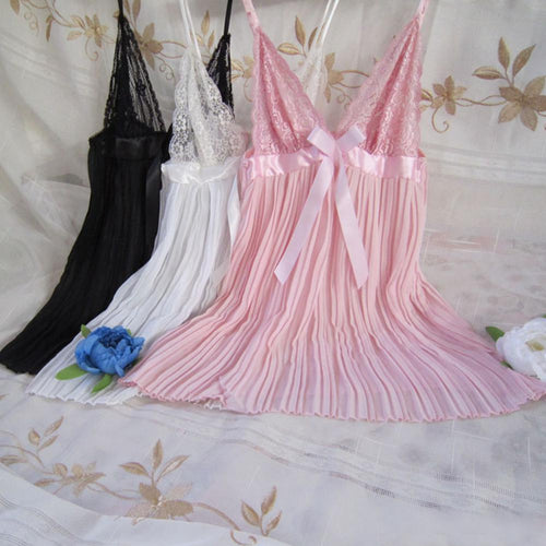 Lady Slip Dress Lace Brim Pajamas Nightdress Pure Color Woman See-through Sexy Underwear
