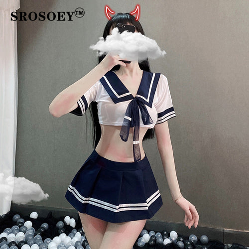 SROSOEY Sexy costumes femmes étudiant uniforme Cosplay érotique Lingerie ensemble pom-pom girl dames Babydoll robe dentelle mini-jupe tenue