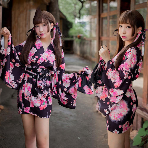 Women Erotic Underwear Sexy Tempting Cherry Blossoms Cosplay Housemaid Costume Kimono Pajamas