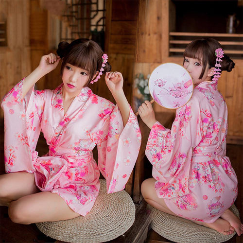 Women Erotic Underwear Sexy Tempting Cherry Blossoms Cosplay Housemaid Costume Kimono Pajamas