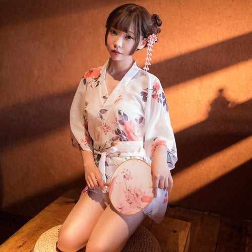 Women Japanese Kimono Sleepwear Sexy Deep V-neck Kimono Satin Floral Printed Nightwear Short Bath Robe Kimono + Belt +T Pants