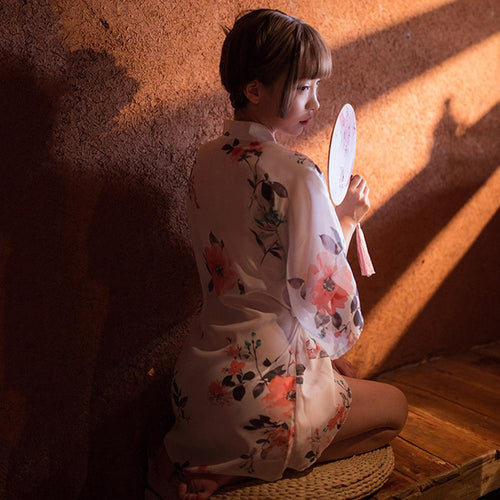 Women Japanese Kimono Sleepwear Sexy Deep V-neck Kimono Satin Floral Printed Nightwear Short Bath Robe Kimono + Belt +T Pants