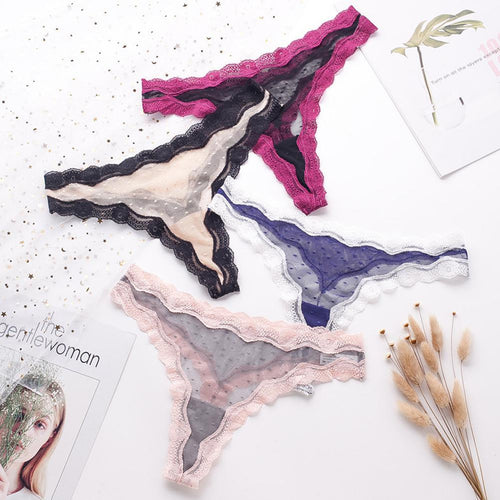 Women Lace G-string See-through Seamless Wave Line Contrast Color Sexy Underwear Briefs Panties