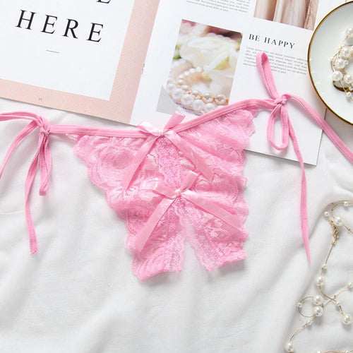 Women Lace Sexy Underwear Open Crotch Bowknot G-string Erotic Lingerie Briefs Temptation Panties