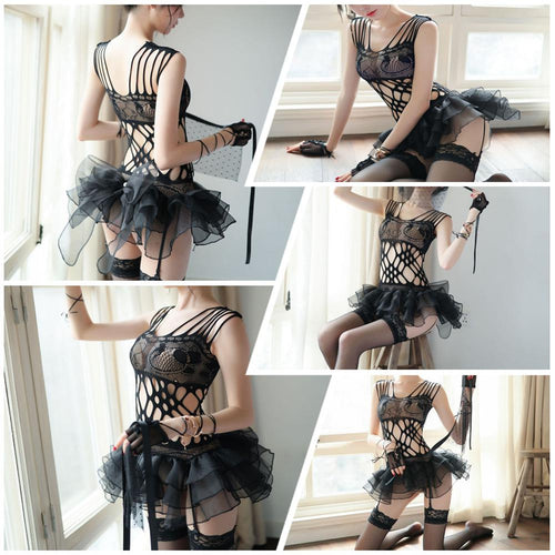 Women Sexy Black Bowknot Lace Babydoll Slip Dress + Bracelet Lingerie Set Latex Sissy Dress Sexy Nightwear Saroosy Lingerie