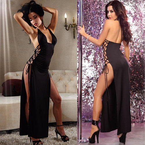 Women Sexy Deep V Halter Bandage High Split Long Dress Erotic Underwear Transparent Dress Sexy Lingerie fantazi giyim seksi