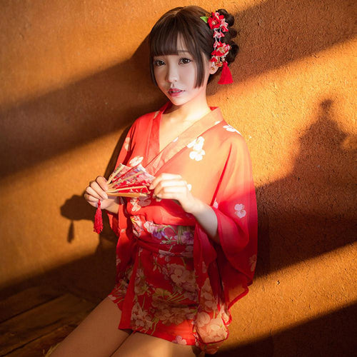 Women Sexy Retro Japanese Style See Through Sakura Maid Uniform Maid Dress Costume Lace Chiffon Printing Kimono + Belt +T Pants