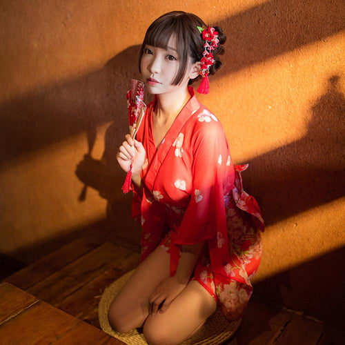 Women Sexy Retro Japanese Style See Through Sakura Maid Uniform Maid Dress Costume Lace Chiffon Printing Kimono + Belt +T Pants