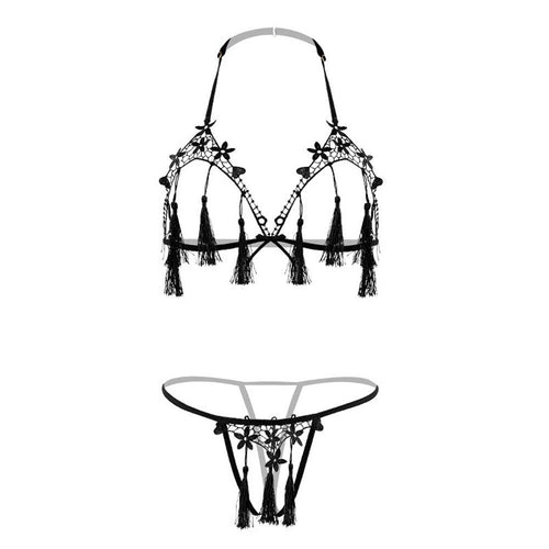 Women Sexy Underwear Set Bra Briefs 3-Points Tassel Lingerie Open Crotch G-String Erotic Temptation